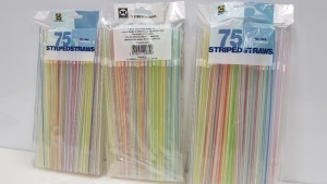 APPROX 1200 PACKS OF 75 MORRISONS STRIPED STRAWS IN VARIOUS COLOURS