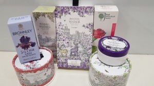 34 PIECE MIXED BEAUTY LOT CONTAINING, WOODS OF WINDSOR LILY OF THE VALLEY PERFUME, TRUE ROSE & LAVENDER LUXURY SOAPS, POUDRE PARFUMEE DUSTING POWDER (LILY, ROSE, LAVANDE AND MUGUET, BLACKBERRY & THYME INTENSIVE HAND BALM ETC..