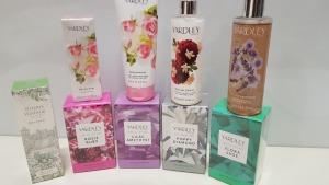 50 PIECE MIXED BEAUTY LOT CONTAINING YARDLEY THE COLLECTION OF EAU DE TOILETTES TO INCLUDE; POPPY DIAMOND, FLORA JADE, ROSIE RUBY AND DAISY SAPPHIRE SET OF 4 YARDLEY LUXURY BODY WASH AND WOODS OF WINDSOR PERFUMES AND AFTERSHAVES ETC