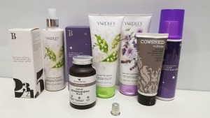 50 PIECE MIXED LOT CONTAINING YARDLEY BODY WASH IN ENGLISH LAVENDER AND LILY OF THE VALLEY, COWSHED BULLOCKS SOOTHING MOISTURISER AND WILD NUTRITION KSM-66 BESPOKE HERB FOOD SUPPLEMENTS ETC