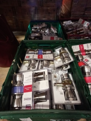 APPROX 50 X PAIRS OF (IKONIC) FORM & FUNCTION ENTRANCE KNOBS IN VARIOUS COLOUR SHADES - ADJUSTABLE BACKSET 60MM-70MM WITH INSTRUCTIONS (BRAND NEW) - CONTAINED IN 2 TRAYS