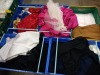 5 TRAYS (NOT INCLUDED) OF VARIOUS ITEMS OF CLOTHING IE PINK DRESSES, WHITE CHEF PANTS AND BROWN JEANS ETC