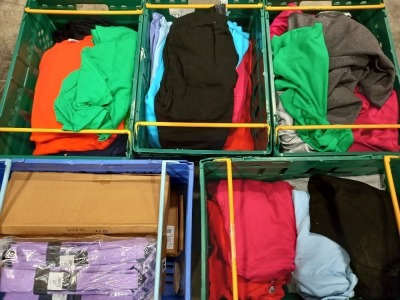 5 TRAYS (NOT INCLUDED) OF VARIOUS ITEMS OF CLOTHING IE ALL WE DO HOODIES IN VARIOUS COLOURS AND GILLDAN T SHIRTS ETC