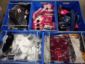 5 TRAYS (NOT INCLUDED) OF VARIOUS ITEMS OF CLOTHING IE HATS AND GLOVES, NEW LOOK MENS SOCKS AND POLO ASSASSIN T SHIRTS ETC