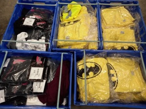 5 TRAYS (NOT INCLUDED) OF VARIOUS ITEMS OF CLOTHING IE RED WING PYJAMA BOTTOMS AND BATMAN HOODIES ETC