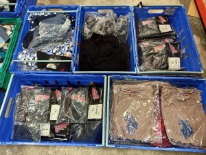 5 TRAYS (NOT INCLUDED) OF VARIOUS ITEMS OF CLOTHING IE REDWING PYJAMA BOTTOMS, ASSASSIN POLO SHIRTS AND SOFT TOUCH LOUNGE SHORTS ETC