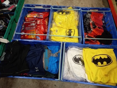 5 TRAYS (NOT INCLUDED) OF VARIOUS ITEMS OF CLOTHING IE THERMAL LONG JOHNS, SEAMLESS LEGGINGS, UNDER ARMOUR SHORTS AND BATMAN JUMPERS ETC