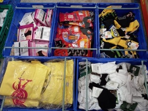 5 TRAYS (NOT INCLUDED) OF VARIOUS ITEMS OF CLOTHING IE BATMAN JUMPERS, FRESH FEEL SOCKS, ANIMAL SOCKS AND LONG JOHNS ETC