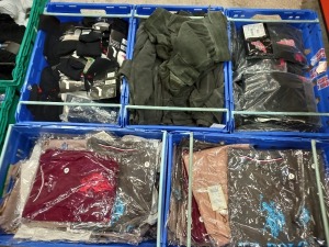 5 TRAYS (NOT INCLUDED) OF VARIOUS ITEMS OF CLOTHING IE ASSASSIN POLO SHIRTS, GOLA SOCKS AND GREY SHORTS ETC