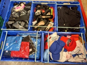 5 TRAYS (NOT INCLUDED) OF VARIOUS ITEMS OF CLOTHING IE BROWN BOOTS AND SHOES, GEORGE TIES, GOLA SOCKS AND BLACK SHORTS ETC