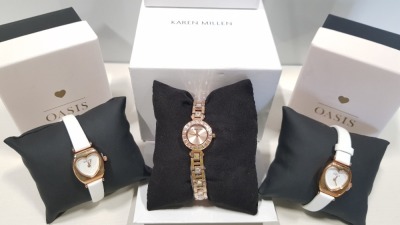 3 PIECE MIXED WATCH LOT TO INCLUDE 2 X B1517 HEART FACED OASIS WATCH WITH GENUINE LEATHER STRAP 1 X KM116RGM ROSE GOLD KAREN MILLEN LADIES WATCH