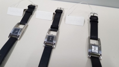 3 PIECE CALVIN KLEIN MIXED WATCH LOT TO INCLUDE 2 X K4H431C1 BLACK STRAPPED SQUARE FACE WATCH 1 X K4H431C6 WHITE FACED BLACK STRAPPED WATCH