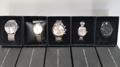 5 PIECE MIXED FRENCH CONNECTION WATCH LOT INCLUDING 1 X 3 DIAL BLACK GENUINE LEATHER STRAP WATCH - FC1187BB 1 X SILVER LINK STAINLESS STEEL WATCH - FC1174SM 1 X 3 DIAL STAINLESS STEEL WATCH - FC1144SM 1 X LADIES STAINLESS STEEL WATCH W/ MESH LIKE STRAP -