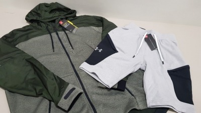 8 PIECE MIXED UNDER ARMOUR LOT TO INCLUDE 7 X MENS UA GREY WITH BLACK PATCH SHORTS - SIZE XS 1 X MENS UA GREEN STORM JACKETS - SIZE XXL