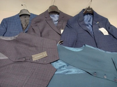 7 X BRAND NEW TAYLOR AND WRIGHT / BURTONS BLAZERS IN VARIOUS COLOURS AND SIZES PLUS 2 X WAISTCOATS (NOTE SOME ITEMS SIMPLE MAGNETIC SECURITY TAGGED) - TOTAL RRP £435