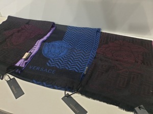 3 X BRAND NEW VERSACE WOOL SCARVES WITH TAGS IN ASSORTED COLOURS PURPLE, BLUE & PINK - UNISEX RRP: £155pp TOTAL £465