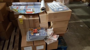 1 FULL PALLET OF CHILDRENS STATIONERY & EDUCATIONAL AIDS IE. WHAT IF NUMBER CD PACKS, SUGGESTION BOXES, ROAD CROSSING MAPS, MES1240 PERCUSSION ROUNDABOUTS, LEVER ARCH FILES ETC.