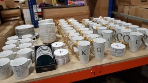 100+ ITEMS OF HOMESTORE PORCELAIN TABLEWARE IE. MUGS, CEREAL BOWLS, CUPS, COASTERS, PLATES ETC ON HALF A SHELF