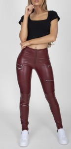 10 X BRAND NEW HUGZ JEANS DESIGNER BRANDED WINE COL FAUX LEATHER BIKER PANTS HIGH WAIST SIZE 14 - XL - IN INDIVIDUAL BAGS WITH TAGS - BARCODE 1119998884025 - RRP £70 @ TOTAL £700