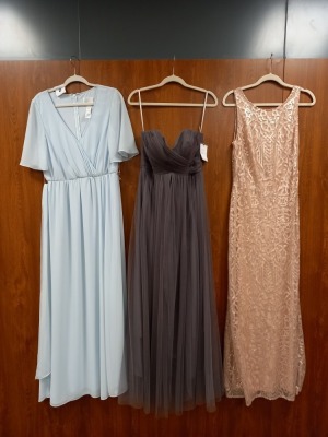 3 X EVENING DRESSES TO INCLUDE - - WTOO/COLOUR - LATTE/SIZE 6/ £265 - WTOO/COLOUR PEWTER/ SIZE 10/£180 - WTOO/SIZE 10/COLOUR LIGHT BLUE