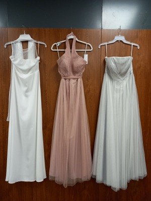 3 X EVENING DRESSES TO INCLUDE - - WTOO/STYLE 00840/SIZE 8/ COLOUR TITANIUM/£200 - PRONOVIAS BARCELONA/SIZE 8/COLOUR PEBBLE - WTOO/STYLE 00560/SIZE 12/COLOUR BLUSH NOTE: 1 DRESS HAS SMALL MARK