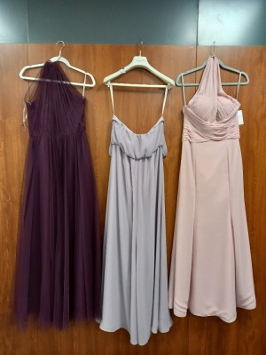 3 X EVENING DRESSES TO INCLUDE - - WTOO/STYLE 00341/SIZE 10/CHATEAU ROSE/£210 - WTOO/SIZE 16/COLOUE EGGPLANT/£170 - WTOO/SIZE 10/STYLE 00307/PEBBLE