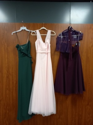 3 X EVENING DRESSES TO INCLUDE - - WTOO/STYLE 00754/SIZE 10/COLOUR EVERGREEN/ £240 - WTOO/ STYLE 00343/ SIZE 6/ COLOUR ICE PINK/ £185 - ANGEL BRIDESMAID/SIZE 8/COLOUR PURPLE