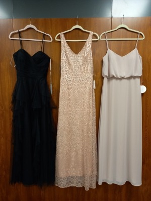 3 X EVENING DRESSES TO INCLUDE - - WTOO BY WALTERS BIRCHWOOD DRESS (MODEL 00911) SIZE 10 - FOXGLOVE BRIDES LATTE COL DRESS RRP £265 - WTOO BLACK DRESS (MODEL 00642) RRP £200