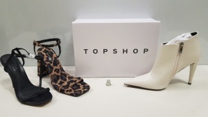 15 X BRAND NEW TOPSHOP SHOES - BRAND NEW RHYS BLACK HEELS, ROCCO TRUE LEOPARD SHOES AND HARLOW WHITE HEELED BOOTS UK SIZE 3, 4 AND 7 RRP £39.00 (MINIMUM TOTAL RRP £585.00)