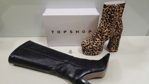 6 X BRAND NEW TOPSHOP SHOES - TAYLOR BLACK KNEE HIGH BOOTS AND ELECTRIC TRUE LEOPARD HIGH SOLED BOOTS UK SIZE 3, 4 AND 6 (TOTAL RRP £658.00)