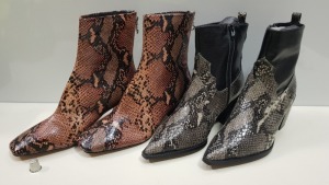 19 X BRAND NEW TOPSHOP SHOES - 12 X BRAND NEW SNAKE STYLED WF BLISS BLACK BOOTS UK SIZE 6 RRP £39.00 AND 7 X BRAND NEW SNAKE STYLED NATURAL BREEZE BOOTS UK SIZE 6 RRP £42.00 (TOTAL RRP £762.00)