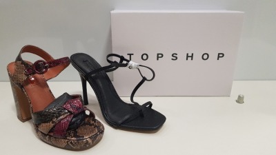 15 X BRAND NEW TOPSHOP SHOES - 5 X BRAND NEW NATURAL RIPPLE HEELS UK SIZE 5 RRP £49.00 AND 10 X BRAND NEW RHYS BLACK HEELS UK SIZE 8 RRP £36.00 (MINIMUM TOTAL RRP £540.00)
