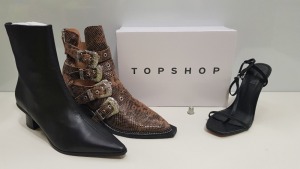 15 X BRAND NEW TOPSHOP SHOES - MAILE BLACK BOOTS, MAGIC NATURAL BOOTS AND RHYS BLACK HEELS IN SIZE 7,8 AND 4 RRP £40 (MINIMUM TOTAL RRP £685.00)