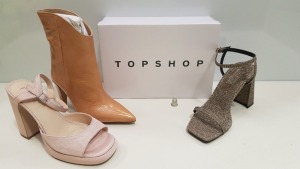 14 X BRAND NEW TOPSHOP SHOES -BRAND NEW ROCCO GOLD HEELS, PINK RENO HEELED SHOES AND NATURAL MAGIC BOOTS UK SIZE 2, 3, 7 AND 5 (MINIMUM TOTAL RRP £700.00)