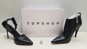 15 X BRAND NEW TOPSHOP SHOES - BRAND NEW RHYS KHAKI HEELS, GLIDE BLACK HIGH HEELS AND HARLOW BLACK HEELED SHOES UK SIZES 4 AND 5 RRP £36.00 (MINIMUM TOTAL RRP £540)