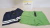 APPROX 60 PIECE CLOTHING LOT FRONT ROW SHORTS, BOOHOOMAN SHORTS AND FRANK MOJADO SHORTS IN GREEN AND BEIGE