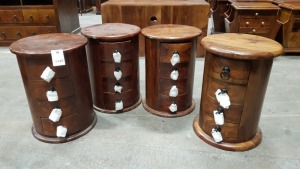 4 X SOLID WOOD ACACIA 4 DRAWER DRUMS 38X38X52 (PLEASE NOTE JDW ONLINE RETURNS)