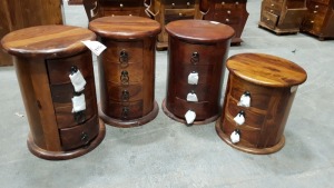 3 X SOLID WOOD ACACIA 4 DRAWER DRUMS SIZE-38X38X52CM 1X SOLID WOOD ACACIA 4 DRAWER DRUM SIZE-38X38X40CM (PLEASE NOTE JDW ONLINE RETURNS)