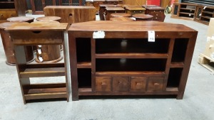 2 PIECE FURNITURE LOT CONTAINING 1XSOLID WOOD 4 DRAWER 6 SHELF JAVA CORNER TV UNIT 1X SLIM SOFA TABLE WITH ONE DRAWER AND 2 SHELFS- 43X20X70 105X45X67 (PLEASE NOTE JDW ONLINE RETURNS)
