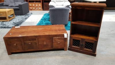 2 PIECE MIXED FURNITURE LOT CONTAINING 1X JAVA 8 DRAWER SOLID WOOD COFFEE TABLE 120X55X40 1X JAIPUR SOLID WOODEN DISPLAY UNIT WITH 2 SHELFS 1 DRAWER 56X30X95 PLEASE NOTE JDW RETURNS