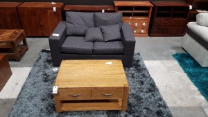 3 X PIECE MIXED FURNITURE LOT CONTAINING 1 X 2 SEATER ALICANTE CHARCOAL SOFA, 1 X 230CM X 210 GREY RUG AND 1 X HENDON STORAGRE 4 DRAWER COFFEE TABLE IN LIGHT OAK 90X60X45CM (PLEASE NOTE JDW ONLINE RETURNS)
