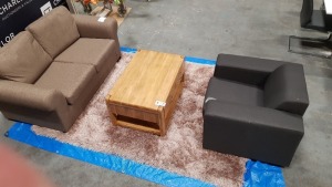 4 PIECE MIXED FURNITURE LOT CONTAINING 1 X PENDLETONN MOCHA 2 SEATER SOFA, 1 X CHARCOAL CHAIR, 1 X HENDON STORAGE 4 DRAWER COFFEE TABLE 90X60X45CM AND 1 X BROWN RUG 160X230CM (PLEASE NOTE JDW ONLINE RETURNS)