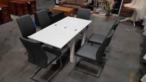 1 X WHITE GLOSS FOLDING TABLE WITH 6 GHREY FAUX LEATHER CHAIRS - 160X80X75CM (PLEASE NOTE JDW ONLINE RETURNS)