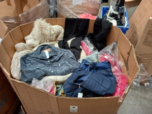 3/4 OF A FULL PALLET CONTAINING CLOTHING IN VARIOUS STYLES AND SIZES IE F&F COATS,TOPSHOP PANTS, TOPSHOP SHIRTS AND KIDS BAGS ETC