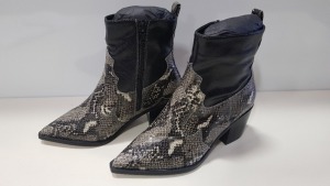 18 X BRAND NEW TOPSHOP WF BLISS SNAKE PRINT BOOTS - 7 X UK SIZE 3 AND 11 X UK SIZE 8 RRP £39.00 (TOTAL RRP £702.00)