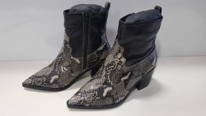 18 X BRAND NEW TOPSHOP WF BLISS SNAKE PRINT BOOTS - 12 X UK SIZE 6 AND 6 X UK SIZE 6 RRP £39.00 (TOTAL RRP £702.00)