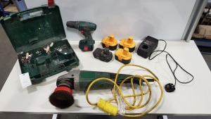 MIXED TOOL LOT TO INCLUDE BOSCH BATTERY DRILL AND CASE, ASSORTED BATTERYS, CHARGER AND 110V GRINDER