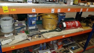 MIXED LOT CONTAINING A LARGE QUANTITY OF DOUBLE SIDED TAPE, GARDEN SPADE, WATER EXTINGUISHER, SOUDAL ROOF BONDAGE ADHESIVE AND PAINT BRUSHES