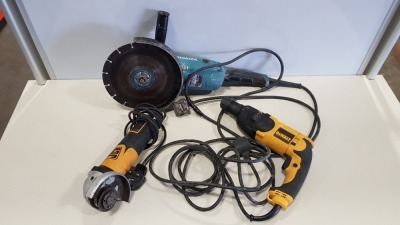 3 X MISC POWER TOOLS TO INCLUDE - 1 Z 240V DEWALT HAMMER DRILL, 1 X 240V JCB 4.5" ANGLE GRINDER, 1 X MAKITA 9" ANGLE GRINDER