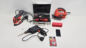 MISC TOOL LOT TO INCLUDE - BLACK & DECKER MOUSE SANDER, JIGSAW,DRILL (FAIRLINE) MULTI TOOL, 1 X TECEVO SOUND BAR, 1 X BELKIN HARD DRIVE, 1 X PADLOCK